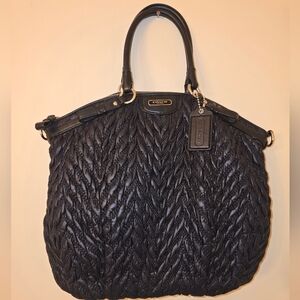 COACH F18634 Madison Quilted Chevron Black Nylon Textured Large Puffy Handbag **